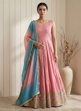 Baby Pink Chinon Silk Sequins Thread Anarkali Suit Festive Wear