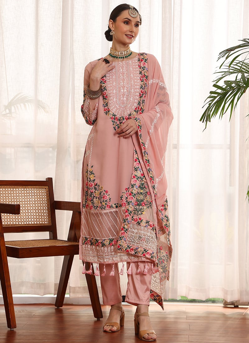 Baby Pink Faux Georgette Emboidered Bead Pakistani Suit Party Wear