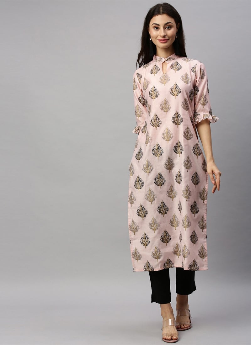 Baby Pink Foil Printed Calf Length Kurti
