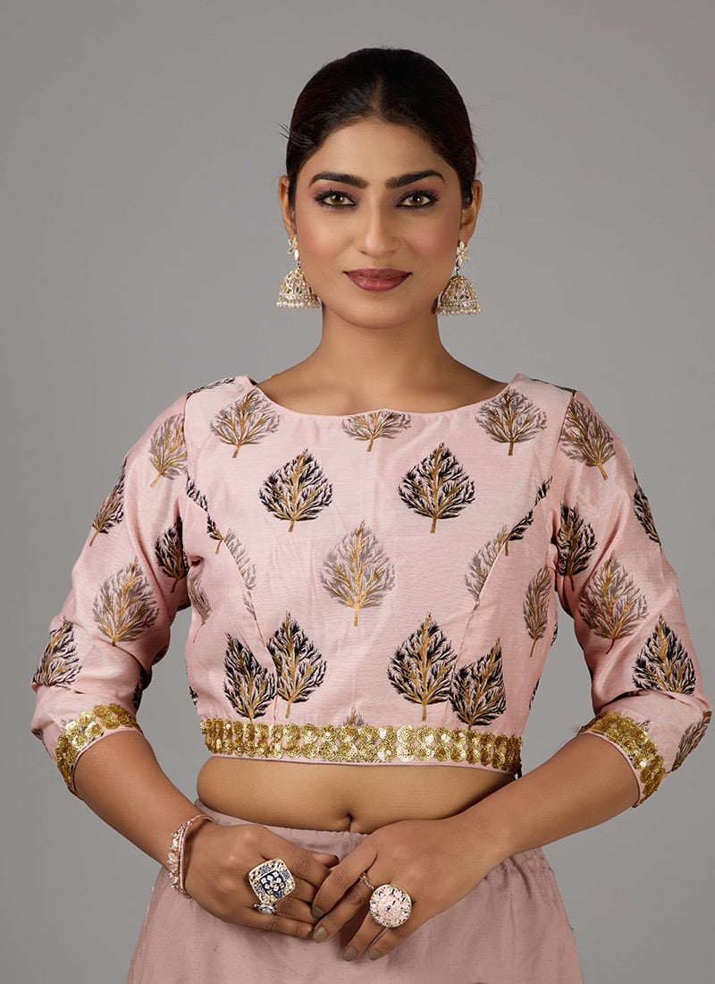 Baby Pink Foil Printed Cotton Blouse Festive Wear