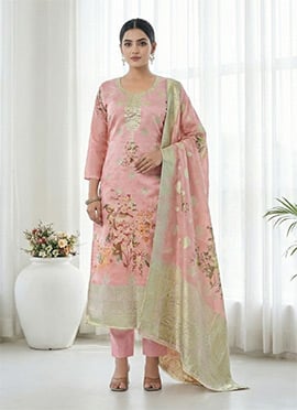 Baby Pink Viscose Organza Banarasi Digital Print Straight Pant Suit