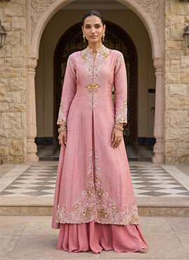Baby Pink Zari Zardosi Hand Embroidered With Sequins Indowestern Palazzo Suits