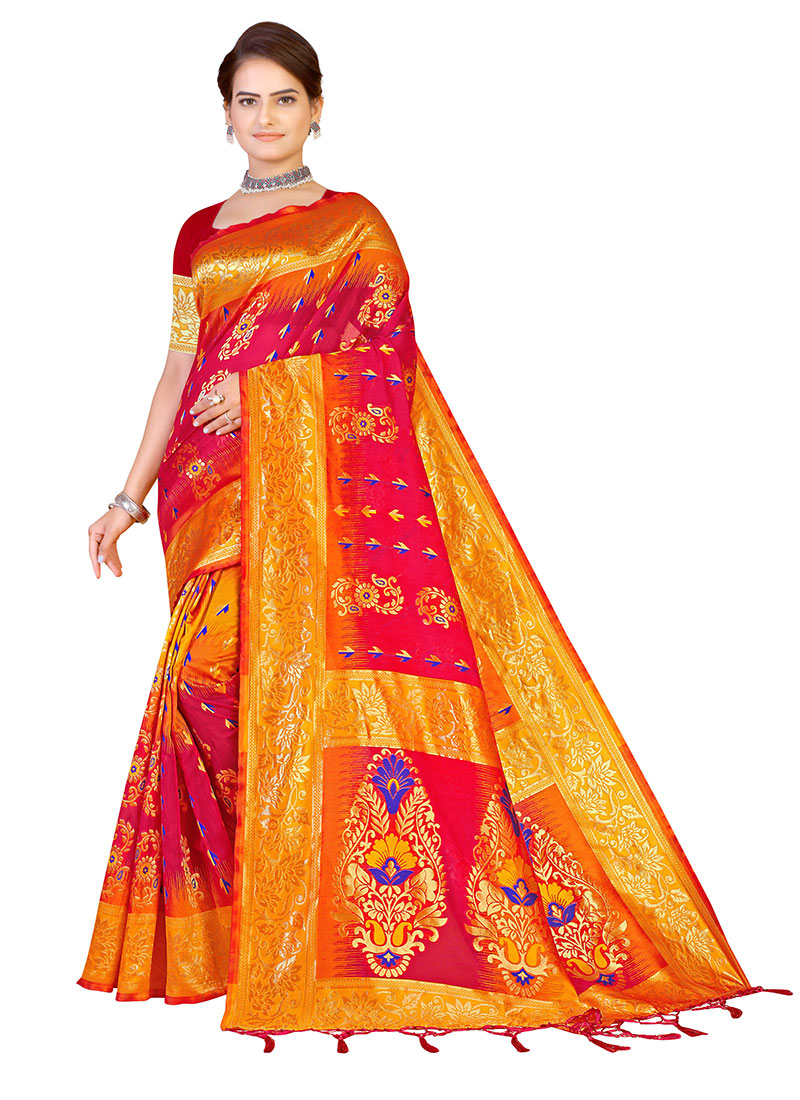 Banarasi Silk Yellow N Maroon Color Woven Work Saree Festive Wear