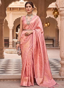 Banarasi Silk Zari Embossed Pink Saree