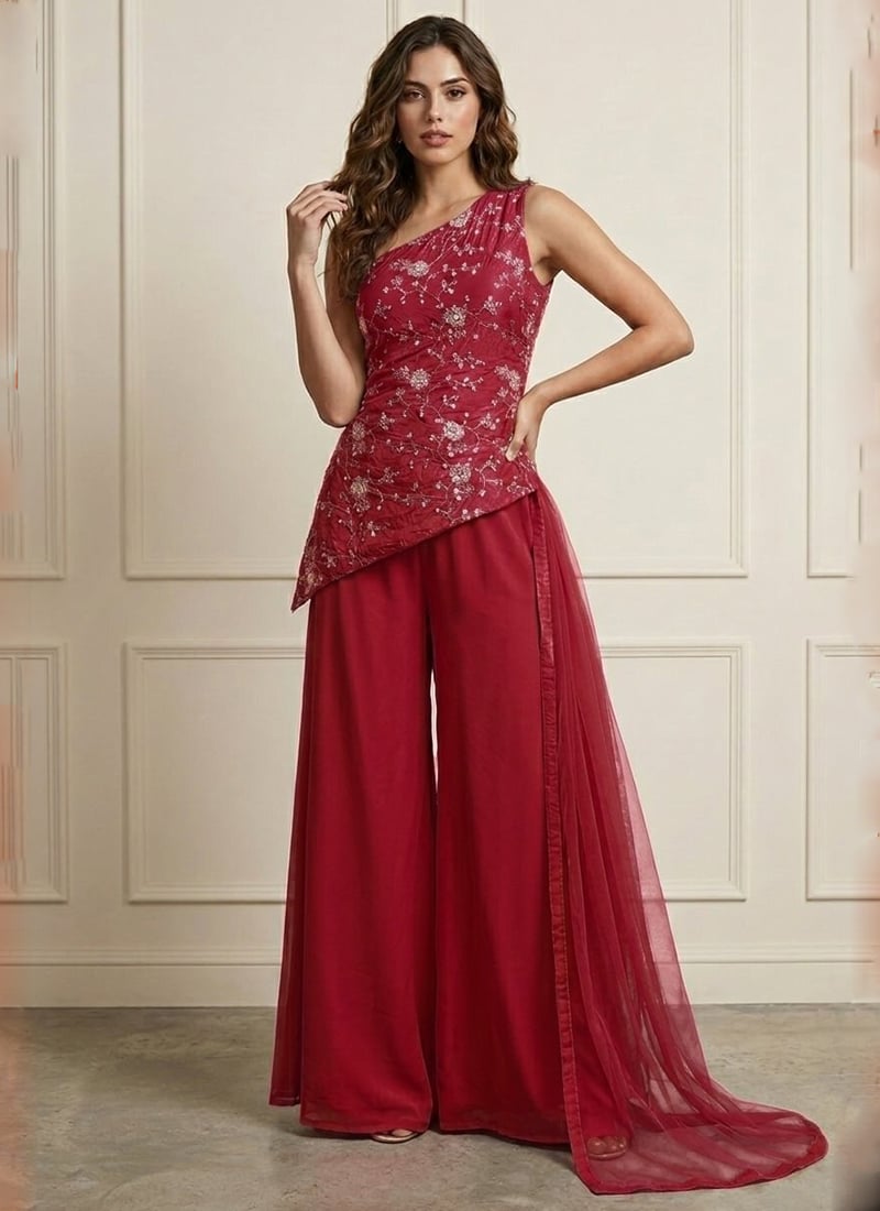 Beautiful Red Art Silk Embroidered Palazzo Suit Festive Wear