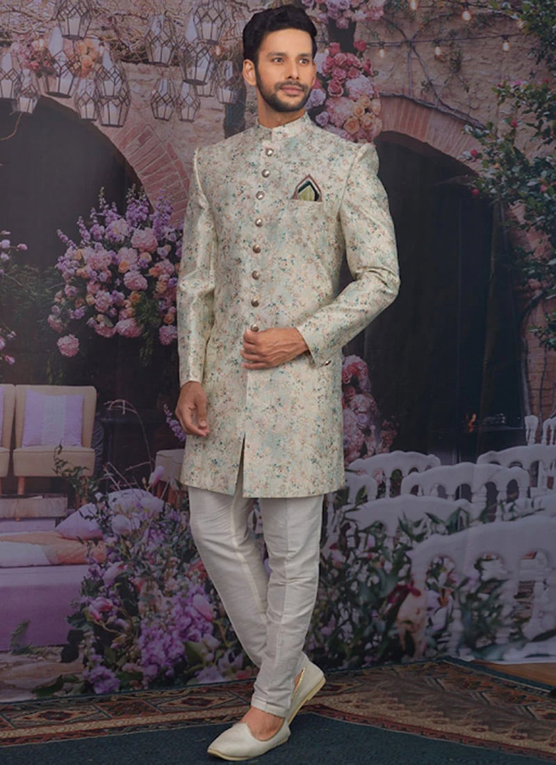 Beige Art Silk Benarasi Indowestern Sherwani Wedding Wear