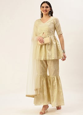 Beige Art Silk Embroidered Gharara Set