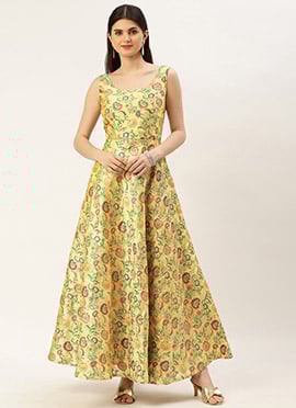 Beige Art Silk Jacquard Dress