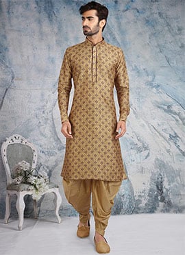 Beige Banarasi Silk Printed Kurta Pyjama