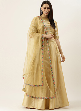 Teen Girls Beige Brocade N Beige Taffeta Kali lehenga