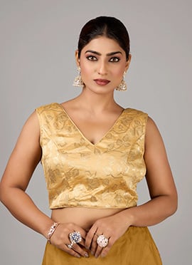 Beige Brocade V Neck Blouse
