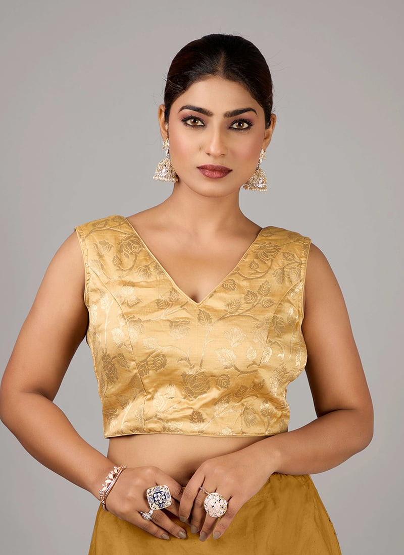Beige Brocade V Neck Blouse Festive Wear