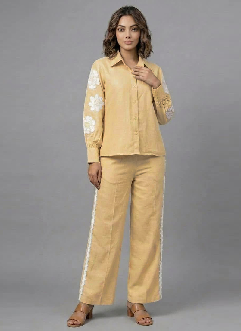 Beige Buttercream Bloom Rayon Cotton Co Ord Set After Six Wear