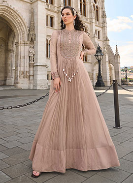 Beige Chinon Silk Embroidered Sequins Mirror Work Anarkali Suit