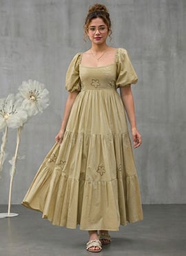 Beige Cotton Floral Embroidered Tiered Dress