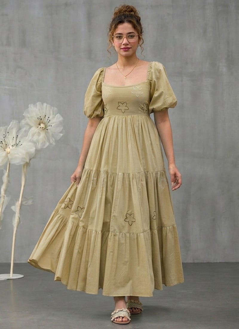 Beige Cotton Floral Embroidered Tiered Dress After Six Wear