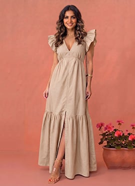 Beige Cotton Flutter Sleeve Maxi Dress