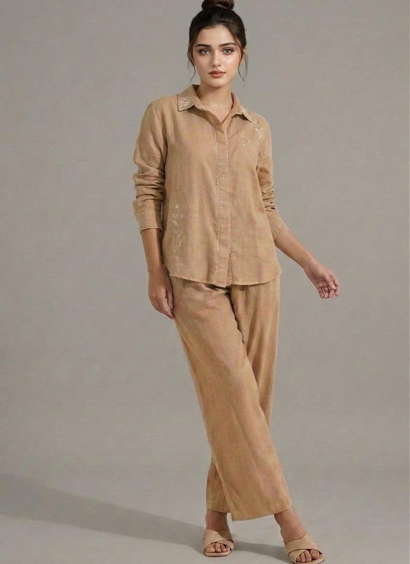 Beige Cotton Linen Stunning Co Ord Set After Six Wear
