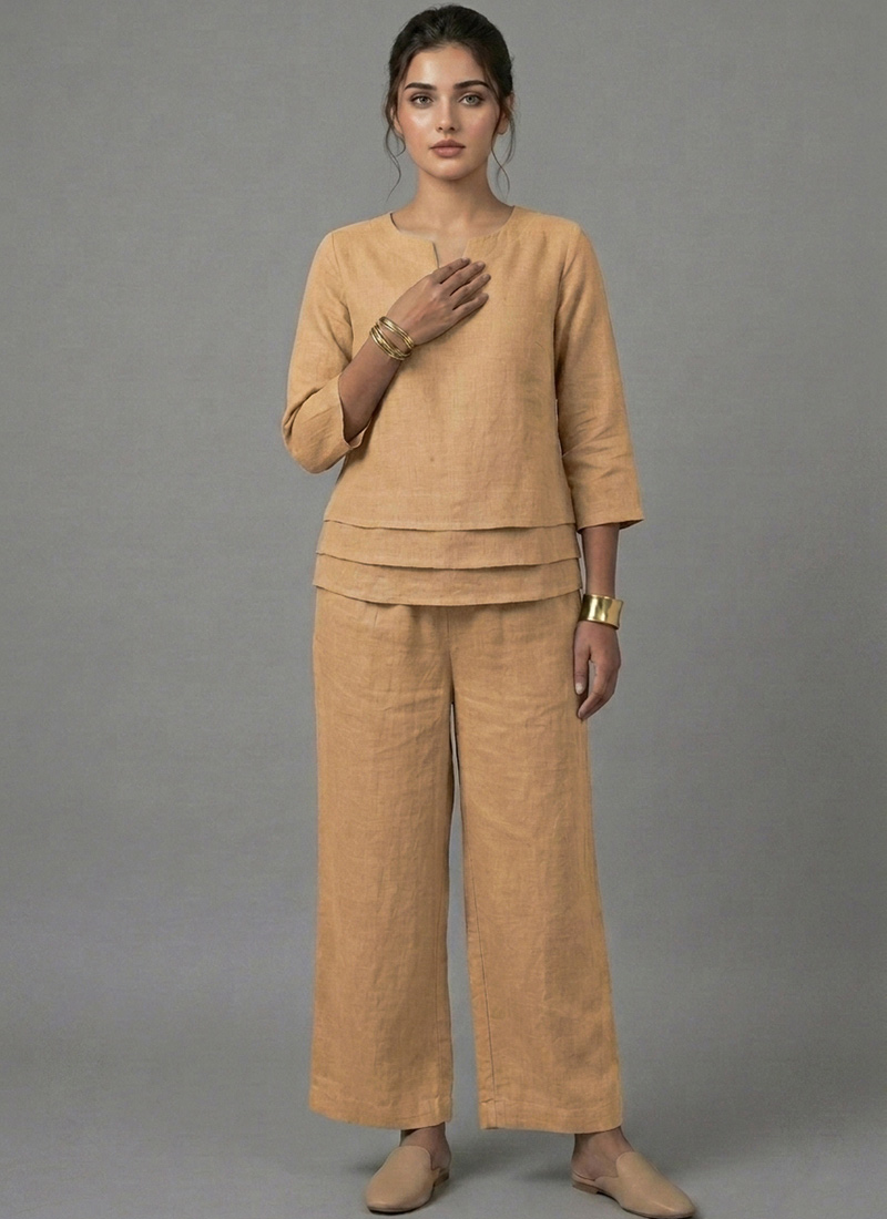 Beige Cotton Linen Stylish Co Ord Set After Six Wear