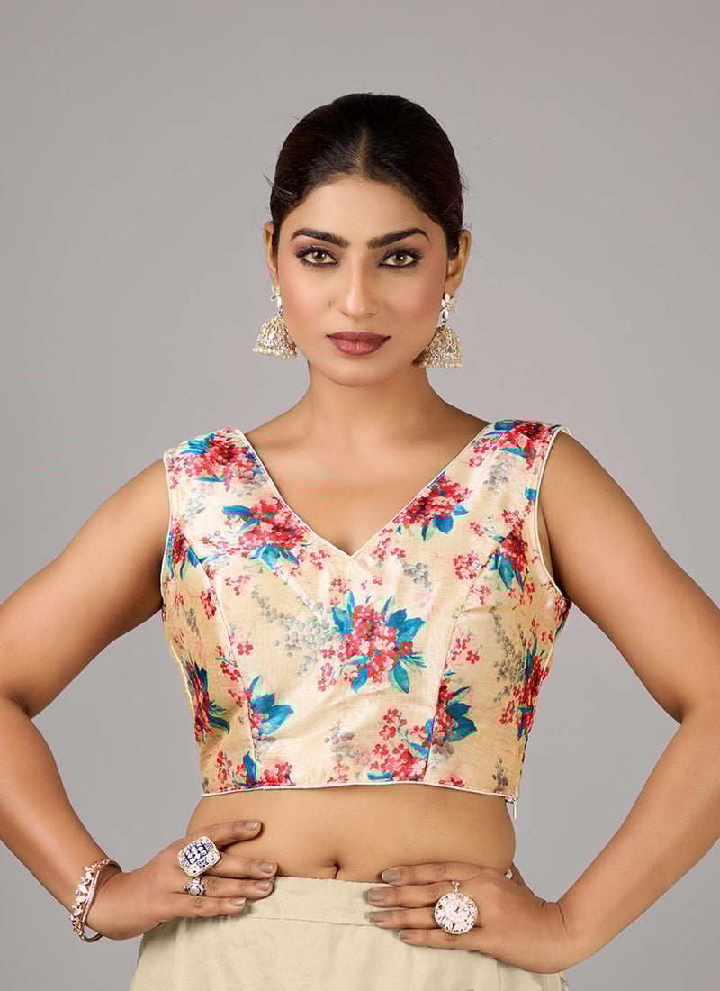 Beige Cotton Silk Digital Printed Blouse Festive Wear