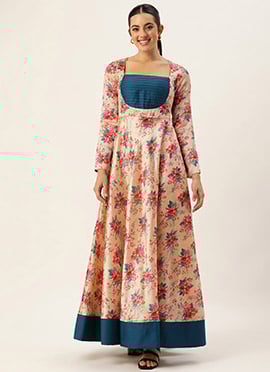 Teen Girls Beige Cotton Silk Digital Printed Gown