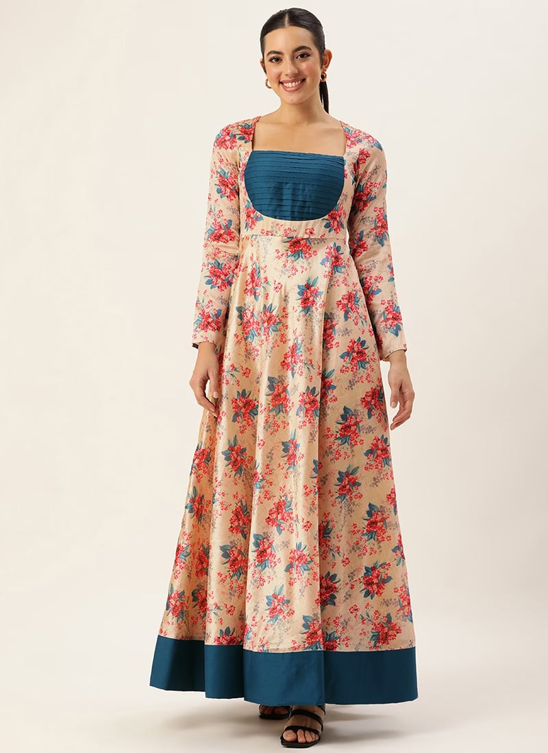 Beige Cotton Silk Digital Printed Gown