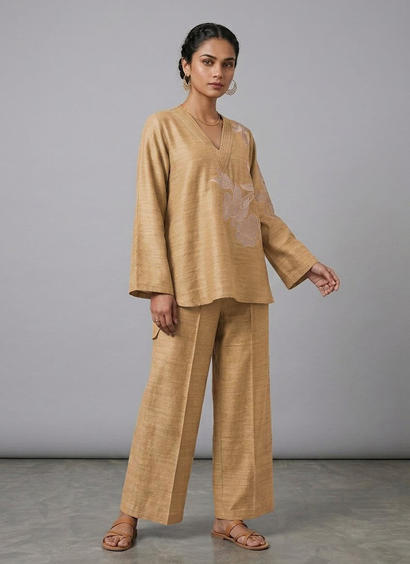 Beige Desert Petal Linen Cotton Co Ord Set After Six Wear