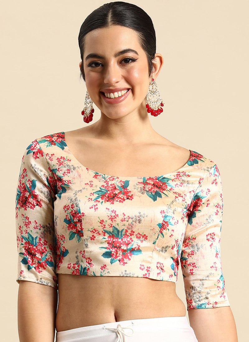 Beige Digital Printed Cotton Silk Blouse Festive Wear