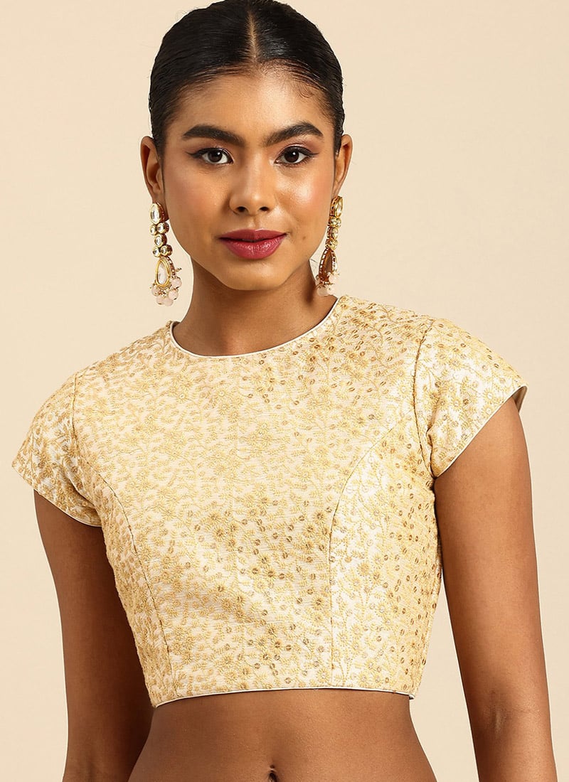 Beige Embroidered Cotton Blouse Festive Wear