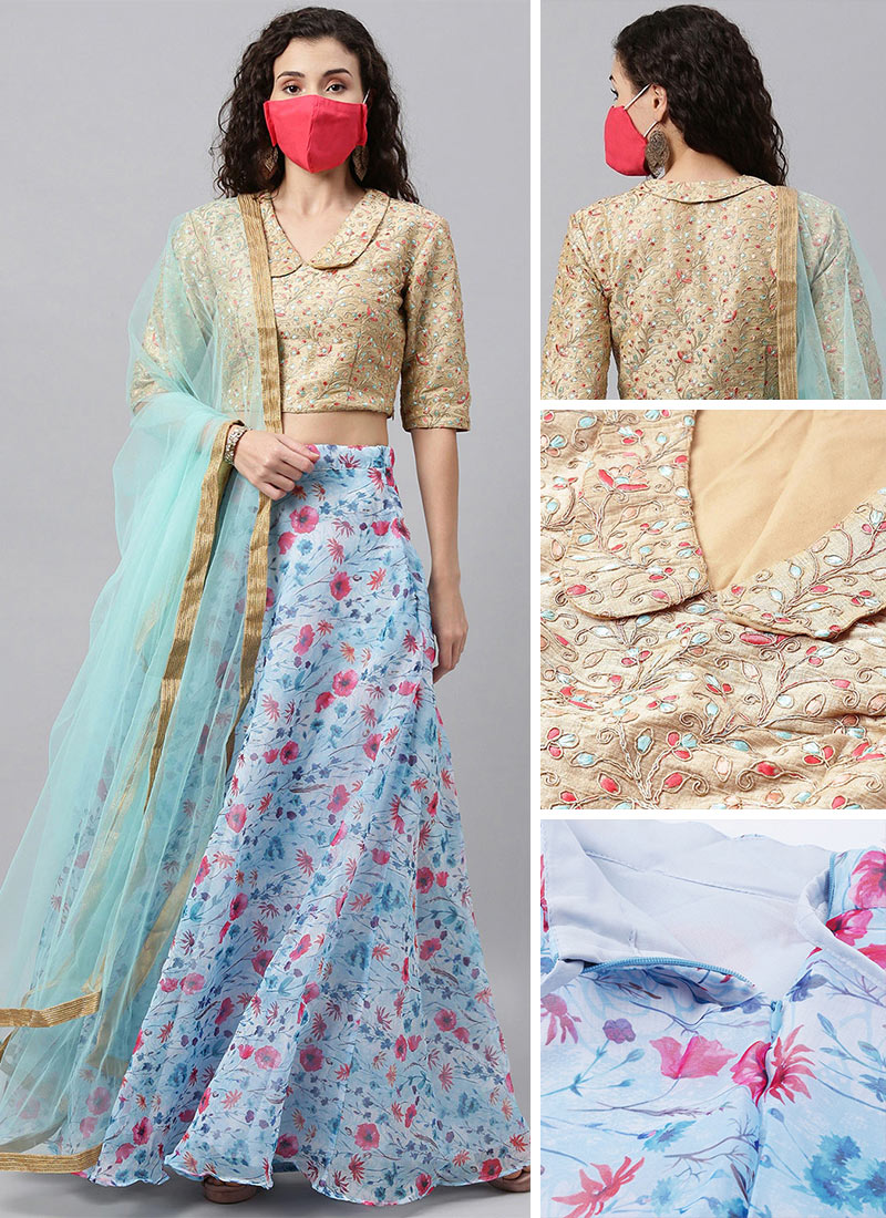Beige Embroidered N Sky Blue Organza Lehenga Party Wear