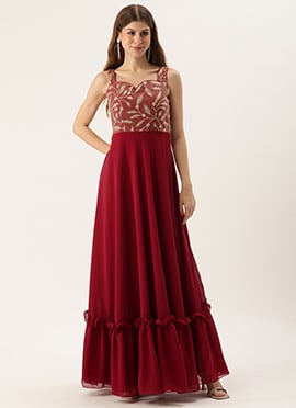 Teen Girls Beige Embroidered Net N Maroon Georgette Gown