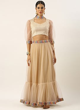 Teen Girls Beige Embroidered Tiered Gather Style Lehenga Set