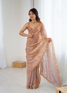 Beige Fandy Satin Embroidered Sequins Two Tone Saree