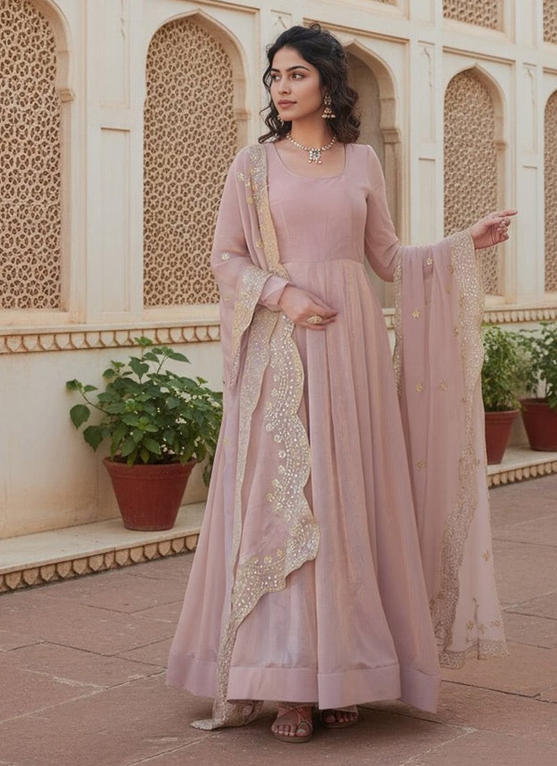 Beige Faux Chiffon Embroidered Anarkali Suit