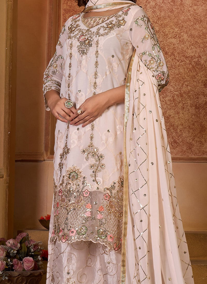 Contemporary Beige Georgette Trendy Fashioner Pakistani Trouser Salwar Suit Collection With Beige Santoon
