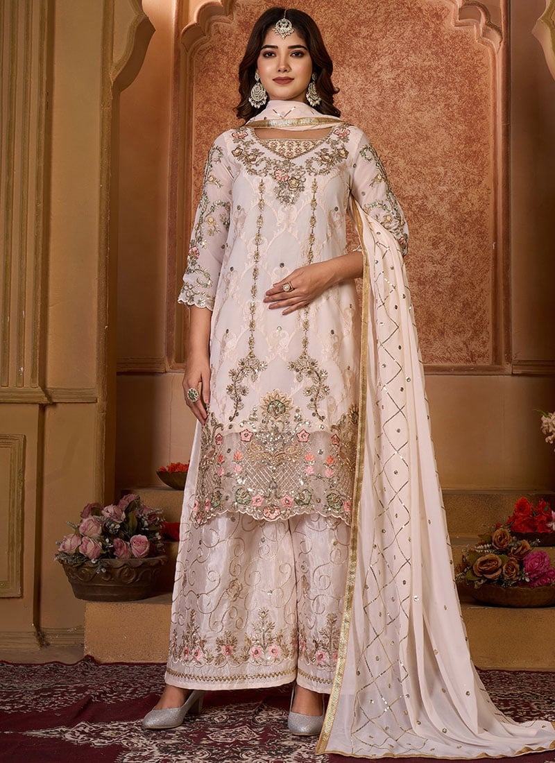 Beige Faux Georgette Embroidered Pakistani Suit Party Wear