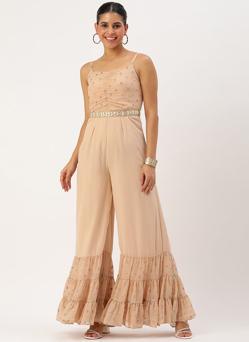 Beige Georgette Embroidered Jumpsuit
