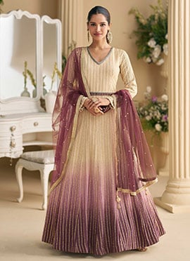 Beige Georgette Embroidered Sequins Chikankari Anarkali Suit