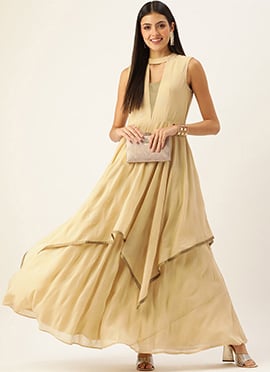 Teen Girls Beige Georgette Foil Printed Dress