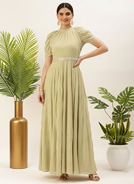Beige Georgette Foil Printed Gown