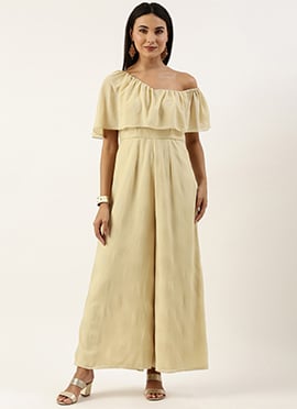 Teen Girls Beige Georgette Foil Printed Jumpsuit