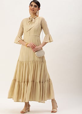 Teen Girls Beige Georgette Foil Printed Maxi Dress