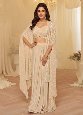 Beige Georgette Threadwork Sequins Beads Stones Indowestern Suit