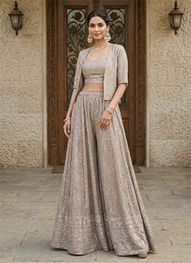 Beige Georgette Zari Hand Embroidered Indowestern Crop Top And Jacket Palazzo Set
