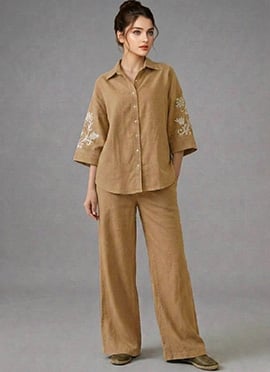 Beige Ivory Bloom Linen Cotton Co Ord Set