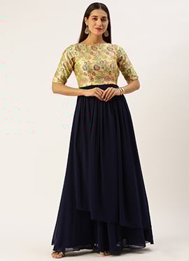 Beige Jacquard N Navy Blue Georgette Gown