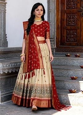 Beige Jacquard Silk Zari Work With Printed Lehenga