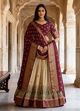 Beige Jacquard Silk Zari Work With Printed Lehenga