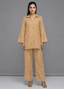 Beige Moonlit Pearl Linen Cotton Co Ord Set