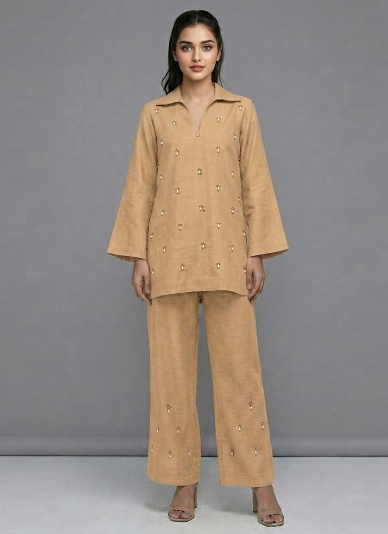 Beige Moonlit Pearl Linen Cotton Co Ord Set After Six Wear